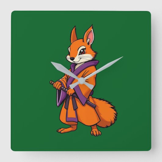 Cute Japanese Samurai Squirrel スクエア壁時計 (正面)