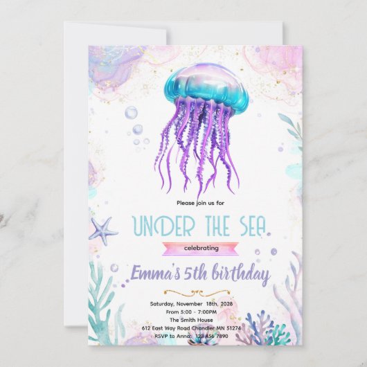 Cute jellyfish party theme invitation 招待状 (正面)