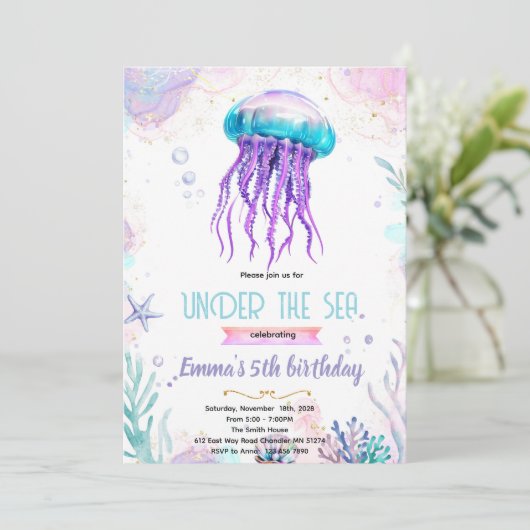 Cute jellyfish party theme invitation 招待状 (スタンド正面)