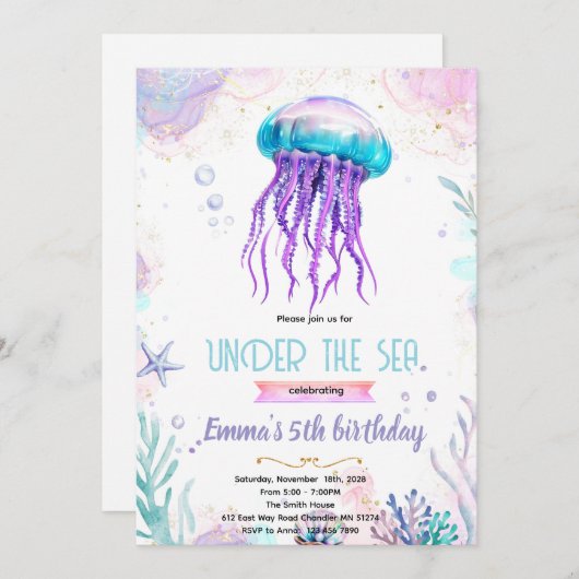 Cute jellyfish party theme invitation 招待状 (正面/裏面)