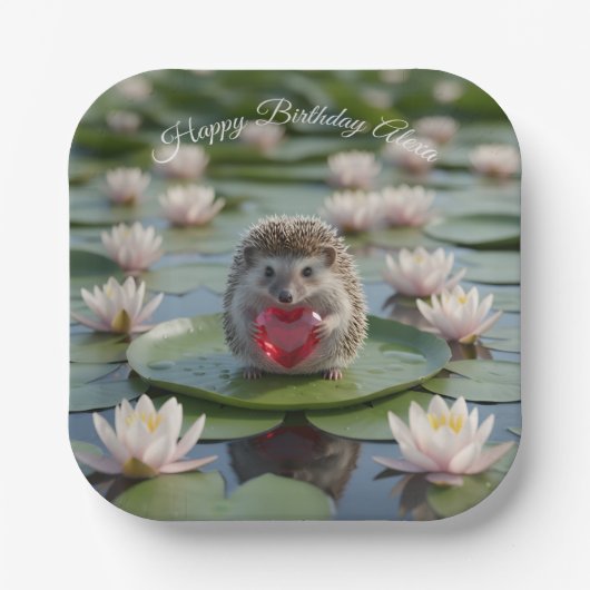 Cute July Hedgehog with Ruby Heart ペーパープレート (正面)