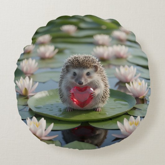 Cute July Hedgehog with Ruby Heart ラウンドクッション (正面)