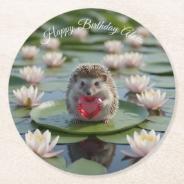 Cute July Hedgehog with Ruby Heart ラウンドペーパーコースター