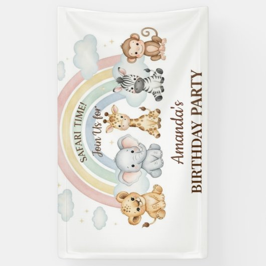 Cute Jungle Safari Animals Birthday Banner 横断幕 (縦)