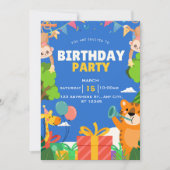 Cute Jungle Safari Animals Blue Birthday Party 招待状 (正面)