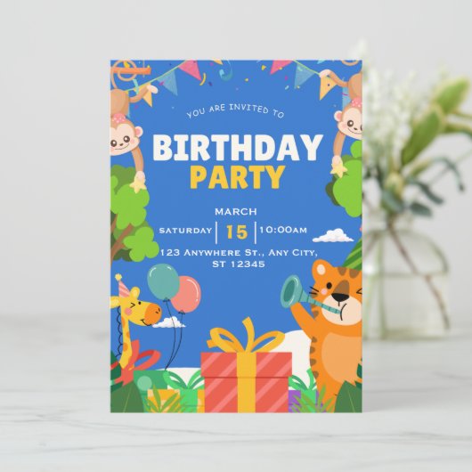 Cute Jungle Safari Animals Blue Birthday Party 招待状 (スタンド正面)