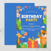 Cute Jungle Safari Animals Blue Birthday Party 招待状 (正面/裏面)