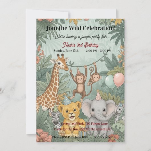 Cute Jungle Safari Animals Wild One 3rd Birthday  招待状 (正面)