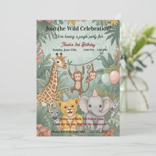 Cute Jungle Safari Animals Wild One 3rd Birthday  招待状 (スタンド正面)