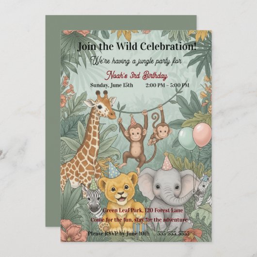 Cute Jungle Safari Animals Wild One 3rd Birthday  招待状 (正面/裏面)