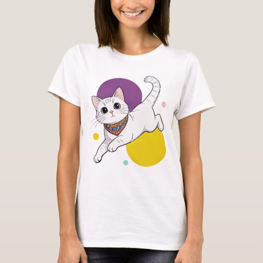 Cute Kawai Cat Bandana Purple Hat Illustration Tシャツ (正面)