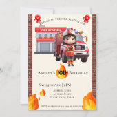 Cute Kawai Fire fighter Girl Theme Birthday  招待状 (正面)