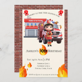 Cute Kawai Fire fighter Girl Theme Birthday 招待状