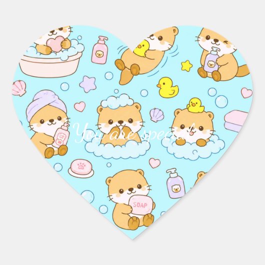 Cute Kawaii Animal Bath Time Pattern | Blue Pastel ハートシール (正面)