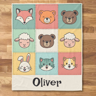 Cute Kawaii Animal Patchwork Nursery フリースブランケット