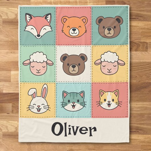 Cute Kawaii Animal Patchwork Nursery フリースブランケット