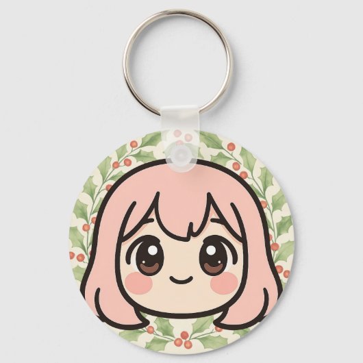 Cute Kawaii Anime Girl Face Keychain – Pastel Chib キーホルダー (正面)