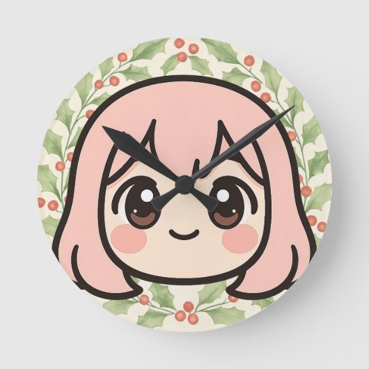 Cute Kawaii Anime Girl Wall Clock – Pastel Chibi C ラウンド壁時計 (正面)