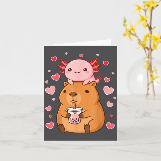 Cute Kawaii Axolotl Capybara Bubble Tea Boys Girls カード (黄色い花)