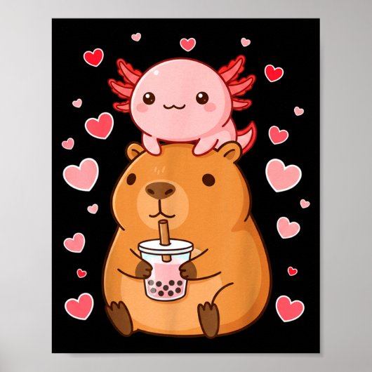 Cute Kawaii Axolotl Capybara Bubble Tea Boys Girls ポスター (正面)
