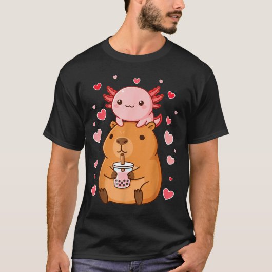 Cute Kawaii Axolotl Capybara Bubble Tea Boys Girls Tシャツ (正面)