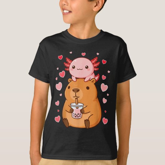 Cute Kawaii Axolotl Capybara Bubble Tea Boys Girls Tシャツ (正面)