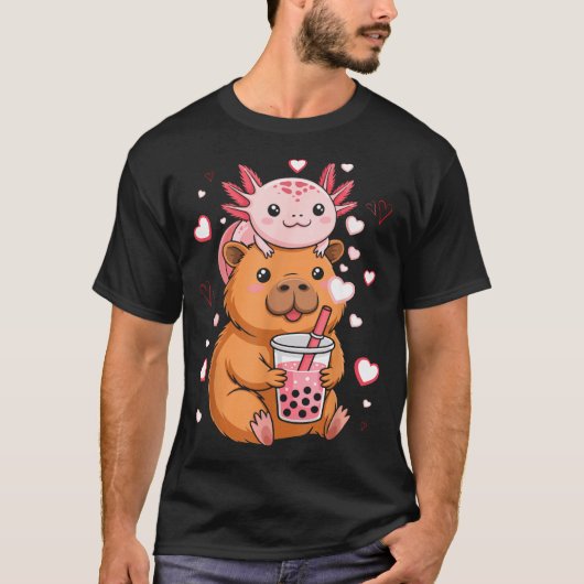 Cute Kawaii Axolotl Capybara Bubble Tea Boys Girls Tシャツ (正面)