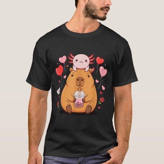 Cute Kawaii Axolotl Capybara Bubble Tea Boys Girls Tシャツ (正面)