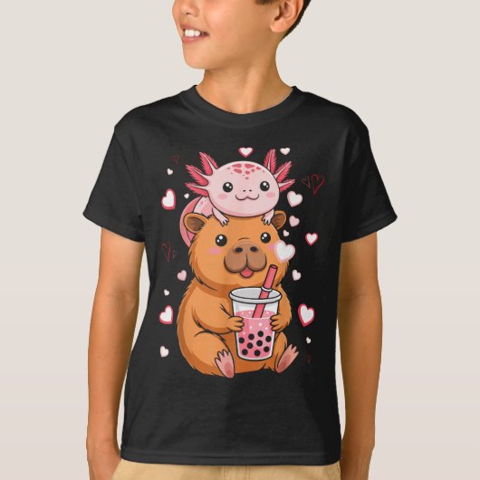 Cute Kawaii Axolotl Capybara Bubble Tea Boys Girls Tシャツ (正面)