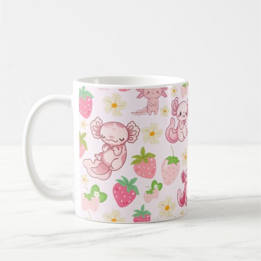Cute Kawaii Axolotl & Strawberry Seamless Pattern コーヒーマグカップ (左)
