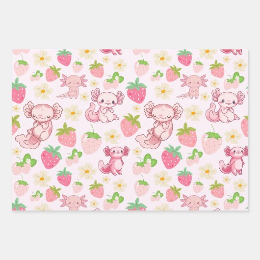 Cute Kawaii Axolotl & Strawberry Seamless Pattern ラッピングペーパーシート (正面)