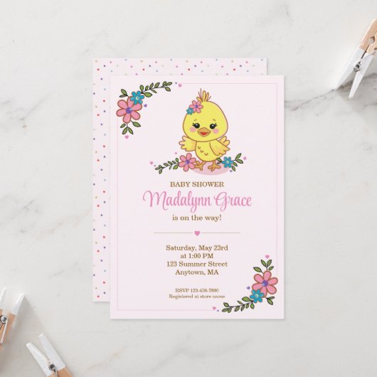 Cute Kawaii Baby Chick Baby Shower Invitation Pink 招待状 (正面/裏面インサイチュ)
