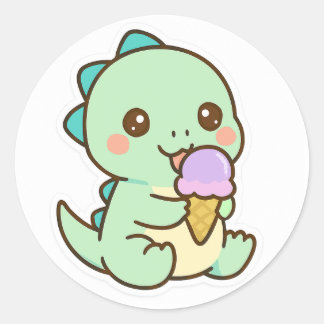 Cute Kawaii Baby Dinosaur Eating Ice Cream Sticker ラウンドシール