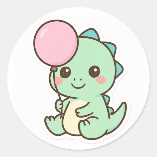 Cute Kawaii Baby Dinosaur with Balloon Sticker ラウンドシール (正面)