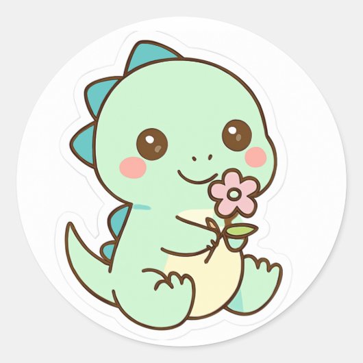 Cute Kawaii Baby Dinosaur with Flower Sticker ラウンドシール (正面)