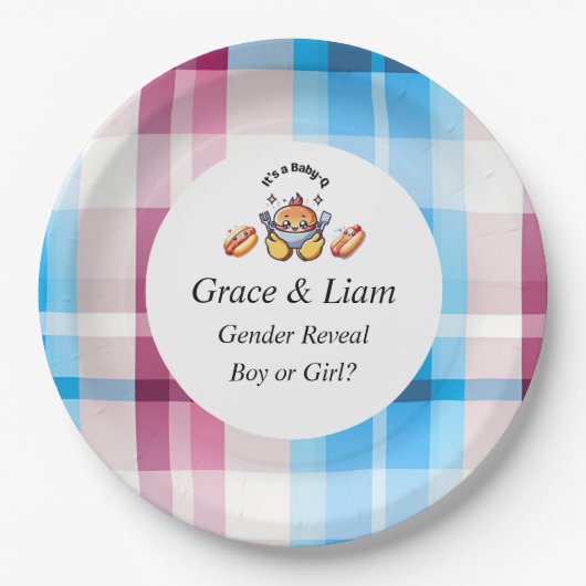 Cute Kawaii Baby-Q Gender Reveal Party ペーパープレート (正面)