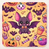 Cute kawaii bat candy halloween スクエアペーパーコースター (正面)