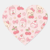 Cute Kawaii Bear Cherry Pattern | Pink Pastel  ハートシール (正面)