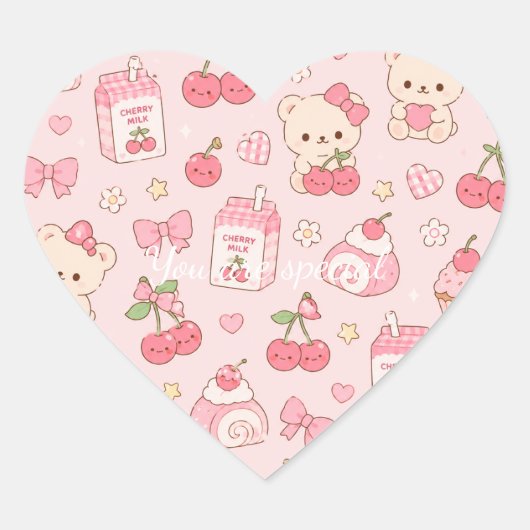 Cute Kawaii Bear Cherry Pattern | Pink Pastel  ハートシール (正面)