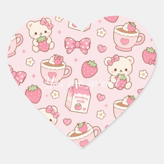 Cute Kawaii Bear Strawberry Tea Pattern | Pink ハートシール (正面)