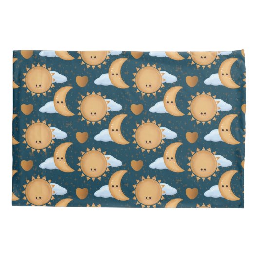 Cute Kawaii Blue Gold Sun Moon Hearts 枕カバー (裏面)