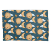 Cute Kawaii Blue Gold Sun Moon Hearts 枕カバー (正面)