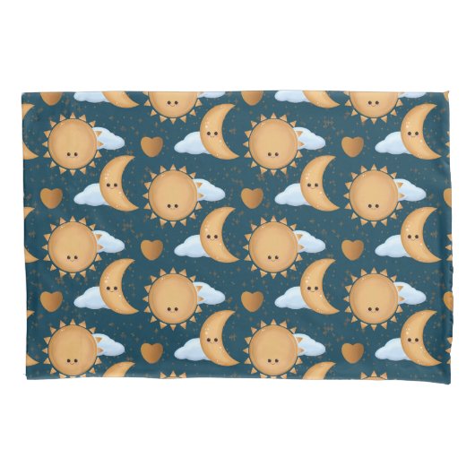 Cute Kawaii Blue Gold Sun Moon Hearts 枕カバー (正面)