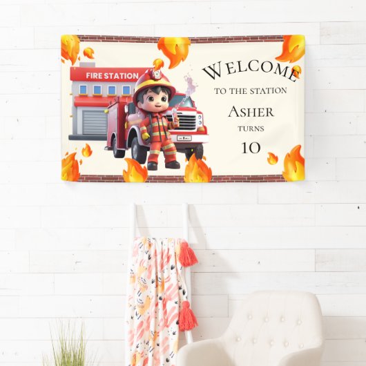 Cute Kawaii Boy Firefighter Fire Truck Party 横断幕 (インサイチュ)