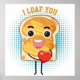 Cute Kawaii Bread Toast Cartoon with Heart – Funny ポスター