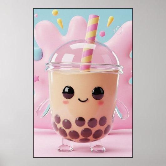 Cute Kawaii Bubble Tea Character Poster ポスター (正面)