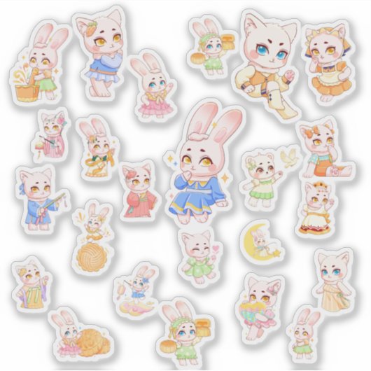 Cute Kawaii Bunny and Cat Stickers シール (正面)