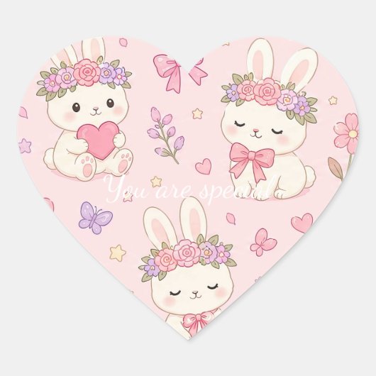 Cute Kawaii Bunny Flower Crown Pattern ハートシール (正面)