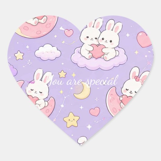 Cute Kawaii Bunny Heart Moon Pattern ハートシール (正面)