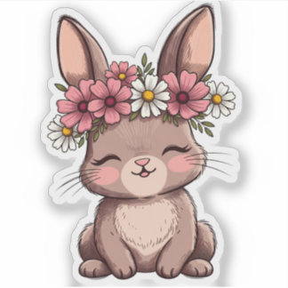 Cute Kawaii Bunny With Pink Flower Crown Sticker - シール